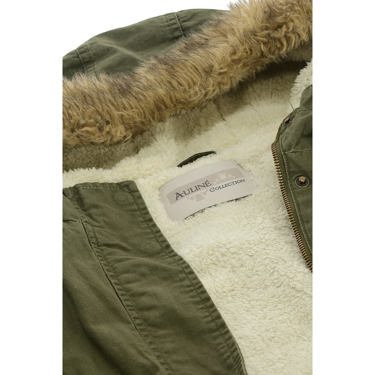 Auliné Collection Womens Faux Fur Hoodie Sherpa Lined Military Safari Utility Fashion Parka Jacket 